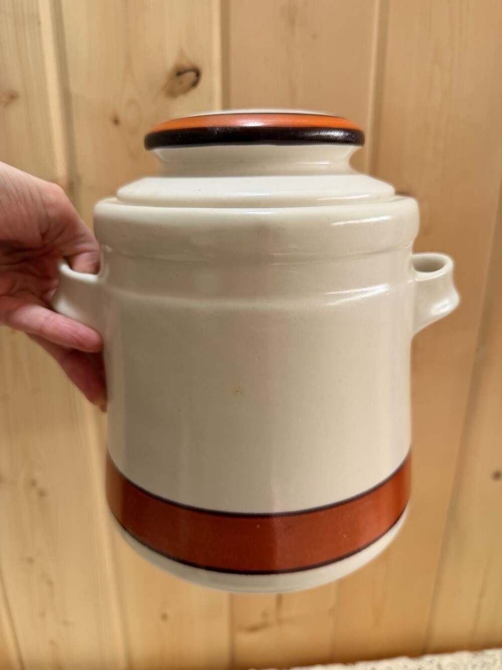 Vintage Grandmacore MCM Canister Cookie Jar Retro Brown Stripe Cottage Kitchen